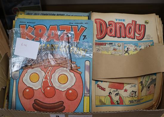 A collection of vintage Dandy, Krazy and other comics, 1970s and Dinosaur comics and magazines